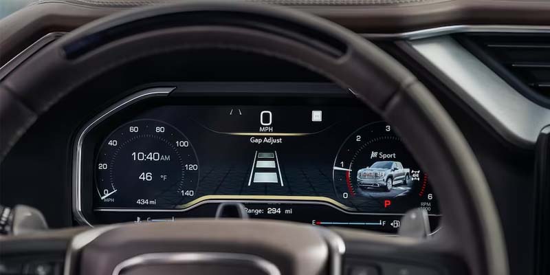 Dashboard of a GMC Sierra 1500 showing the speedometer.